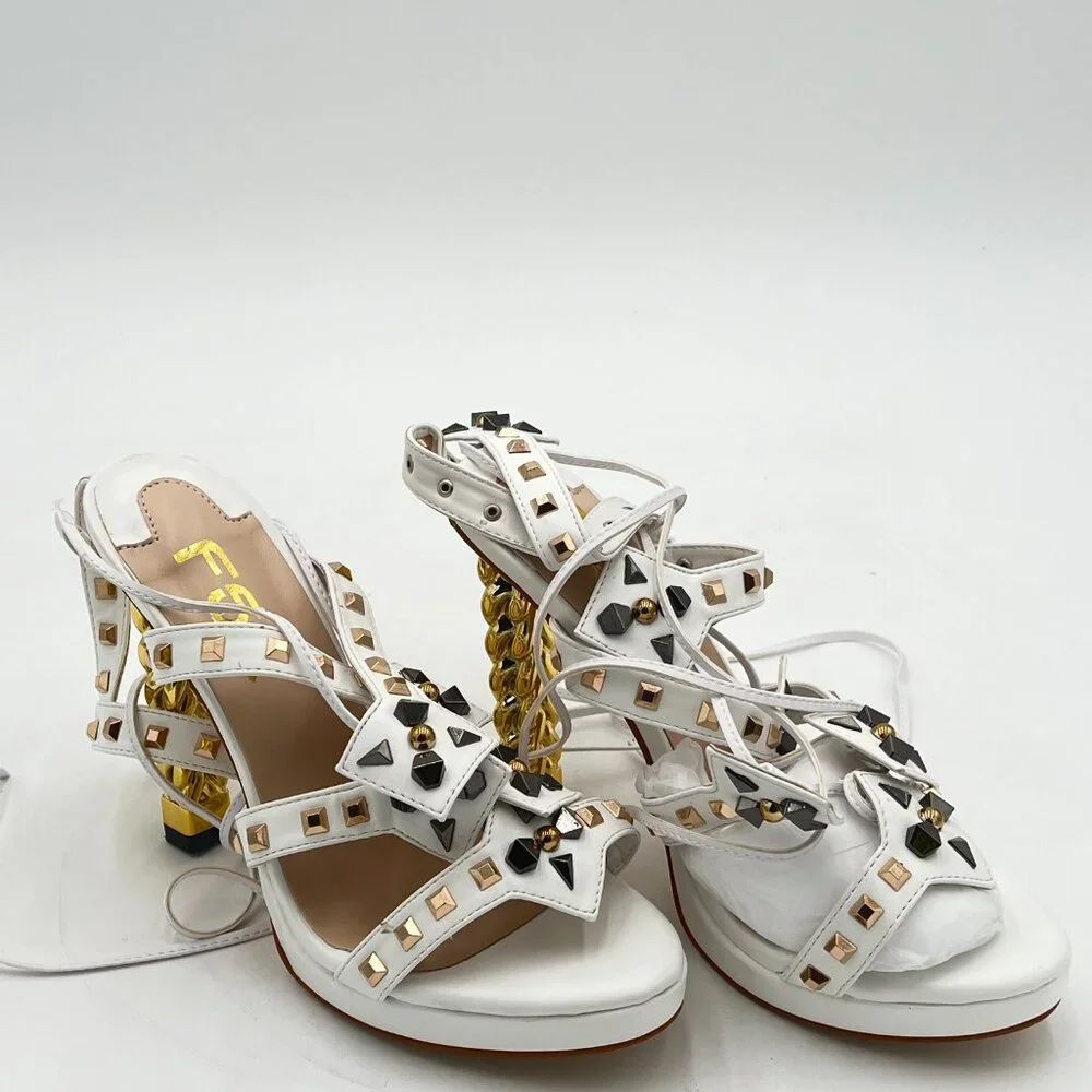 FSJ Ivory Gold Metal Chain Thick High Heel Open Toe Strappy Ankle Buckle Sandals - Picture 4 of 8